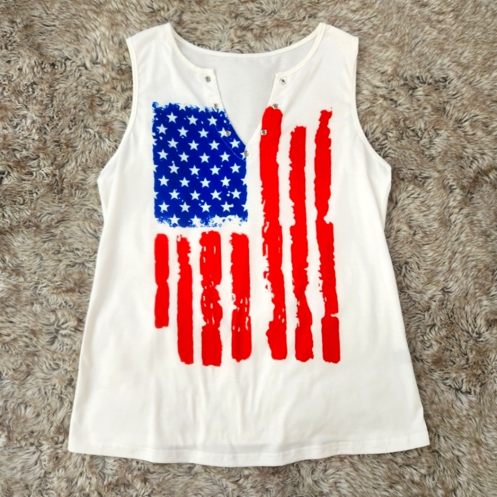 Unbranded American Flag Tank Top Grommet Lined V-Neck White Size Medium